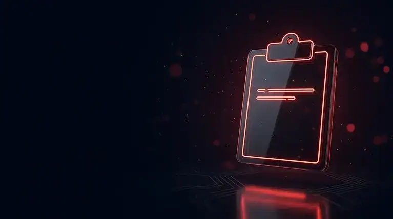 Neon outline of a clipboard with a checkmark on a dark background.
