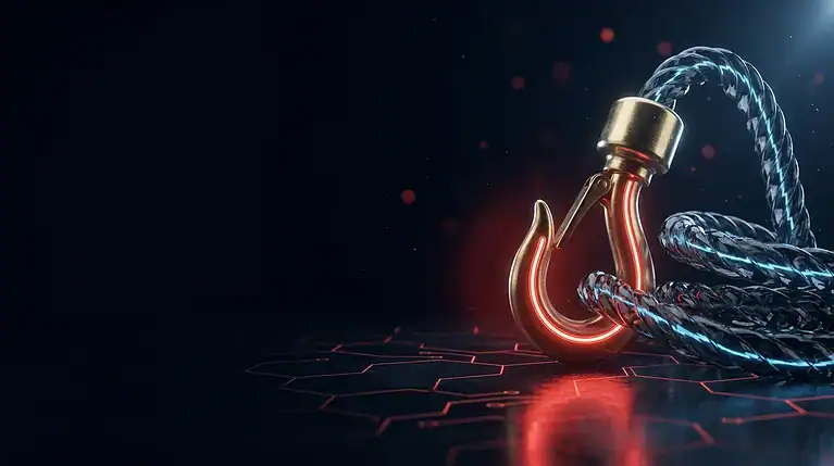 Cybersecurity hook with a glowing hook and a twisted rope on a dark background.