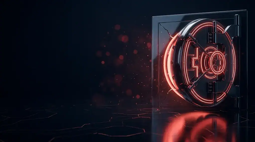 Dark glass backup vault door with a hairline crack and red neon lines, cover art for: Veeam Backup and Replication critical authorization bypass and four more fixes