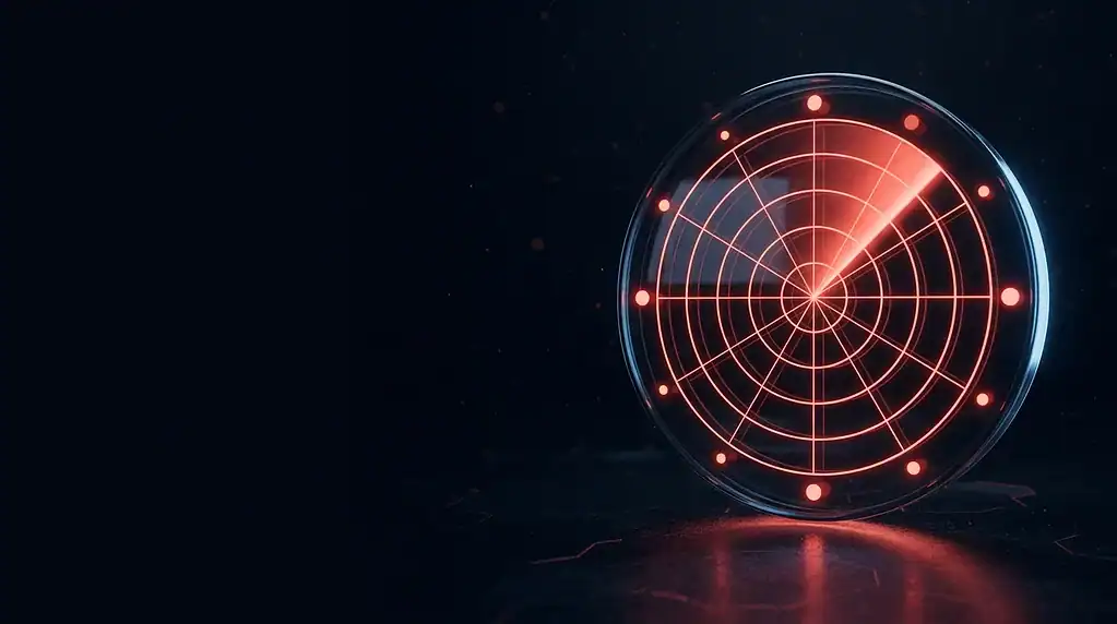 Red illuminated radar target on dark background for cybersecurity emphasis.