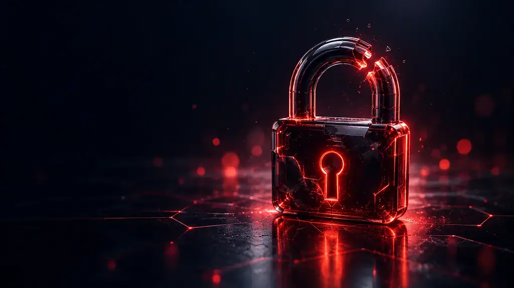 Broken smoked-glass padlock with a coral-red illuminated seam