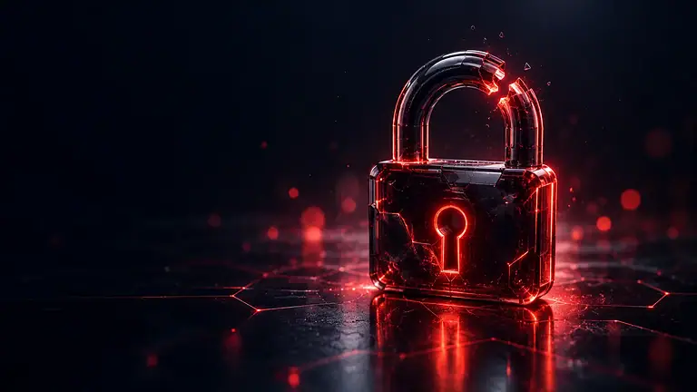 Broken smoked-glass padlock with a coral-red illuminated seam