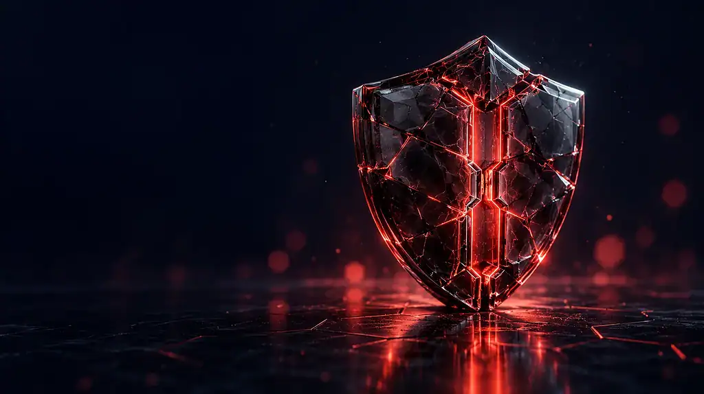 Cracked dark glass shield with coral-red light through a narrow central channel