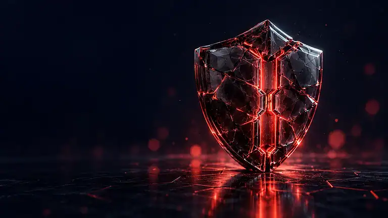 Cracked dark glass shield with coral-red light through a narrow central channel