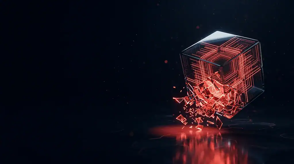 Futuristic digital cube with glowing circuit lines and shattered fragments.