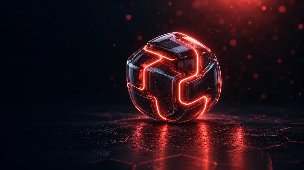 Dark glass puzzle capsule with coral-red seams on a navy background