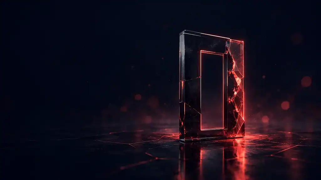 A fractured dark glass frame with coral-red light around an empty central opening