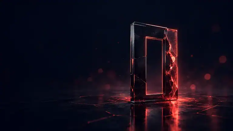 A fractured dark glass frame with coral-red light around an empty central opening