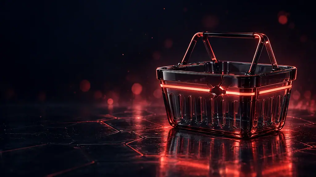 Dark glass shopping basket with a broken coral-red access rail