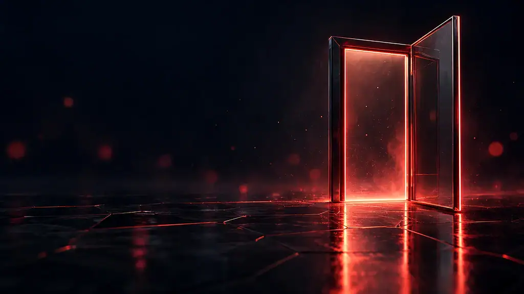 Open glass doorway outlined by coral red light