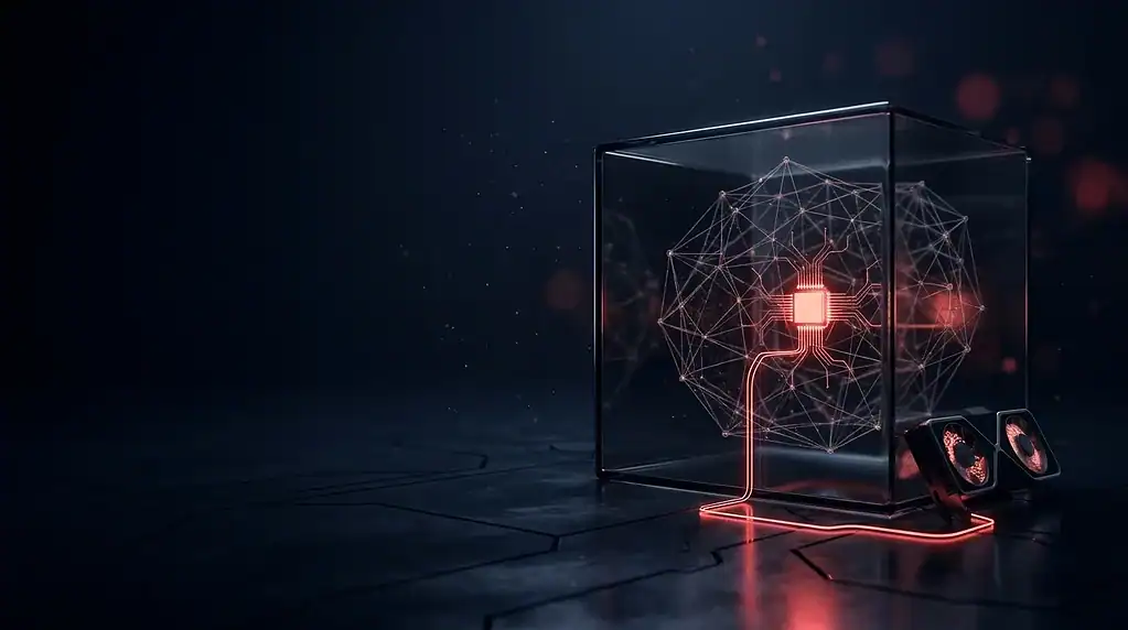 Dark glass cube with a neural lattice and a hidden red chip wired to a graphics card, cover art for Hugging Face malware