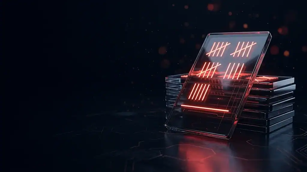 Dark glass stacked glass ledger tablets with red neon lines, cover art for: Ransomware in September 2026: 857 Victims Across 82 Groups