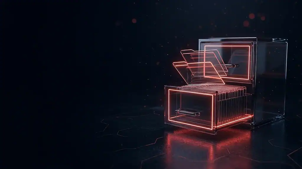 Dark glass card index drawer with red-lit cards lifting out, cover art for the So-net data breach