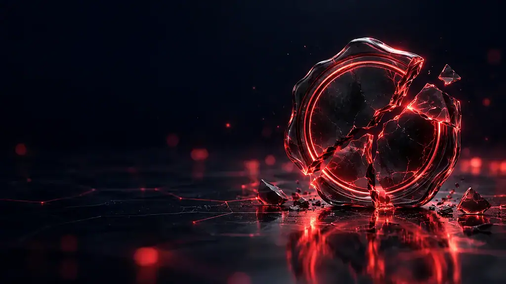 Dark glass fractured audit seal with coral-red light