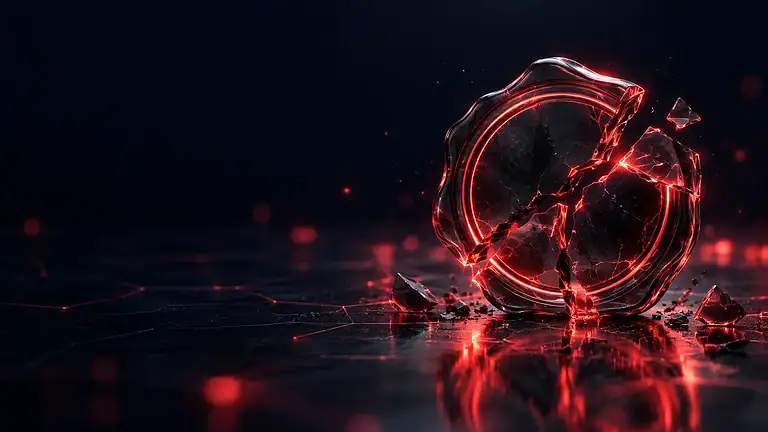 Dark glass fractured audit seal with coral-red light
