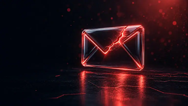 Fractured dark-glass envelope with coral light, illustrating email gateway security.
