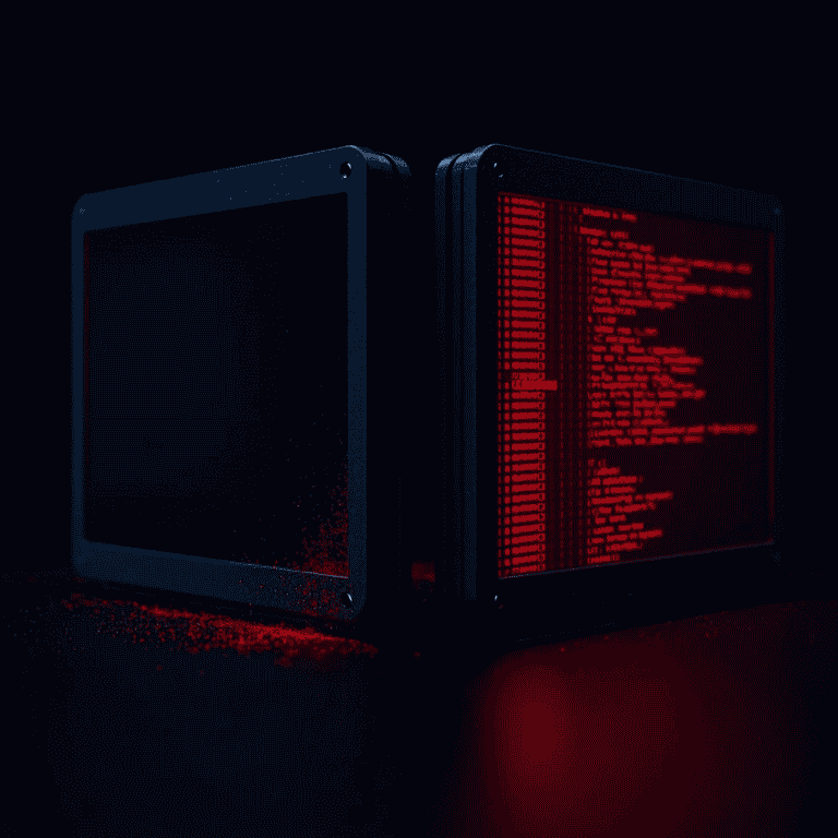 Two digital devices with red code and data streams in dark background.