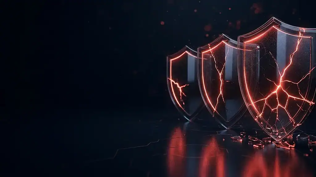 Shield icons with glowing cracks on a dark background.