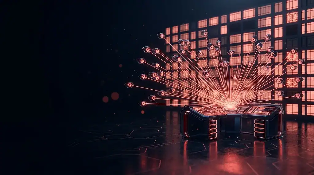 Command console sending dozens of glowing red lines to many targets on a grid wall, cover art for the VAPOR PANDA ARTEX campaign